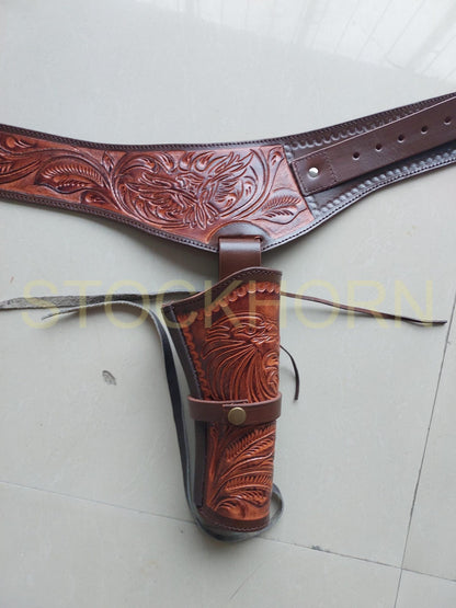 Western Cowboy Revolver Holster Belt – Eagle Design – Handmade Leather – Fits 3.5” to 8.9” Barrel – .22, .38/357, .44/45 Cal – American Pride