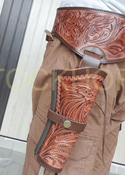 Western Cowboy Revolver Holster Belt – Eagle Design – Handmade Leather – Fits 3.5” to 8.9” Barrel – .22, .38/357, .44/45 Cal – American Pride