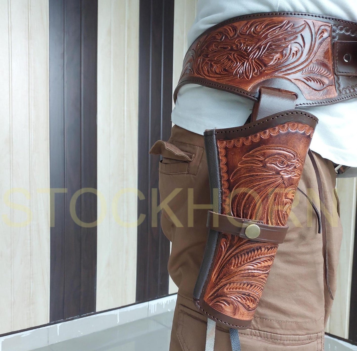 Western Cowboy Revolver Holster Belt – Eagle Design – Handmade Leather – Fits 3.5” to 8.9” Barrel – .22, .38/357, .44/45 Cal – American Pride