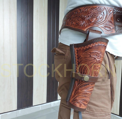 Western Cowboy Revolver Holster Belt – Eagle Design – Handmade Leather – Fits 3.5” to 8.9” Barrel – .22, .38/357, .44/45 Cal – American Pride