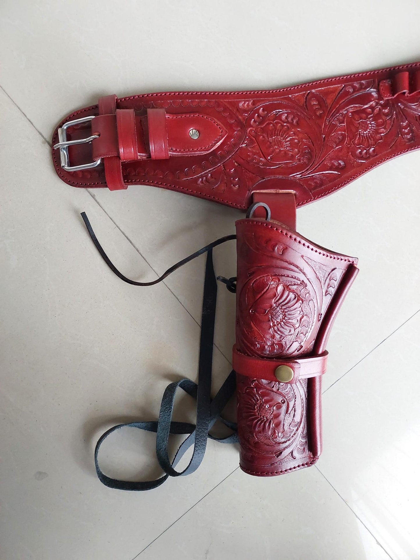 Red Western Cowboy Dual Gun Holster & Belt – Handmade Leather – Fits 3.5" to 8.9" Barrel – .22 .38/357 .44/45 Cal