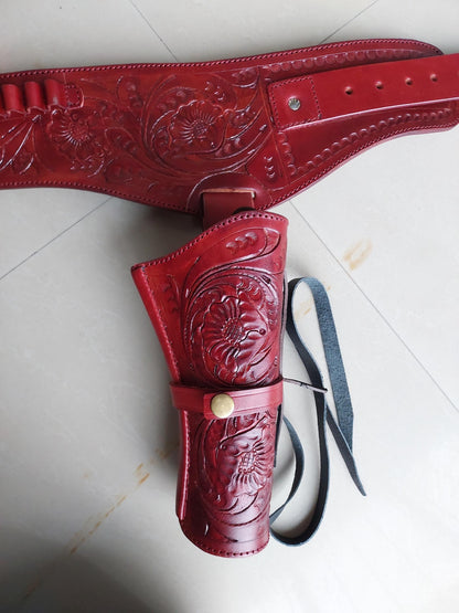 Red Western Cowboy Dual Gun Holster & Belt – Handmade Leather – Fits 3.5" to 8.9" Barrel – .22 .38/357 .44/45 Cal