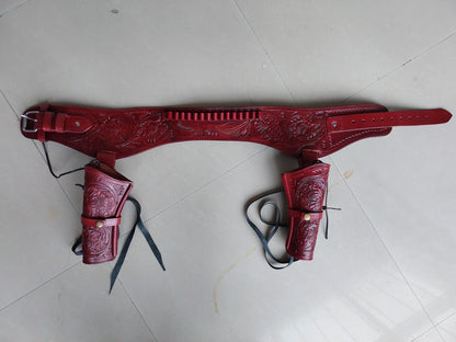 Red Western Cowboy Dual Gun Holster & Belt – Handmade Leather – Fits 3.5" to 8.9" Barrel – .22 .38/357 .44/45 Cal