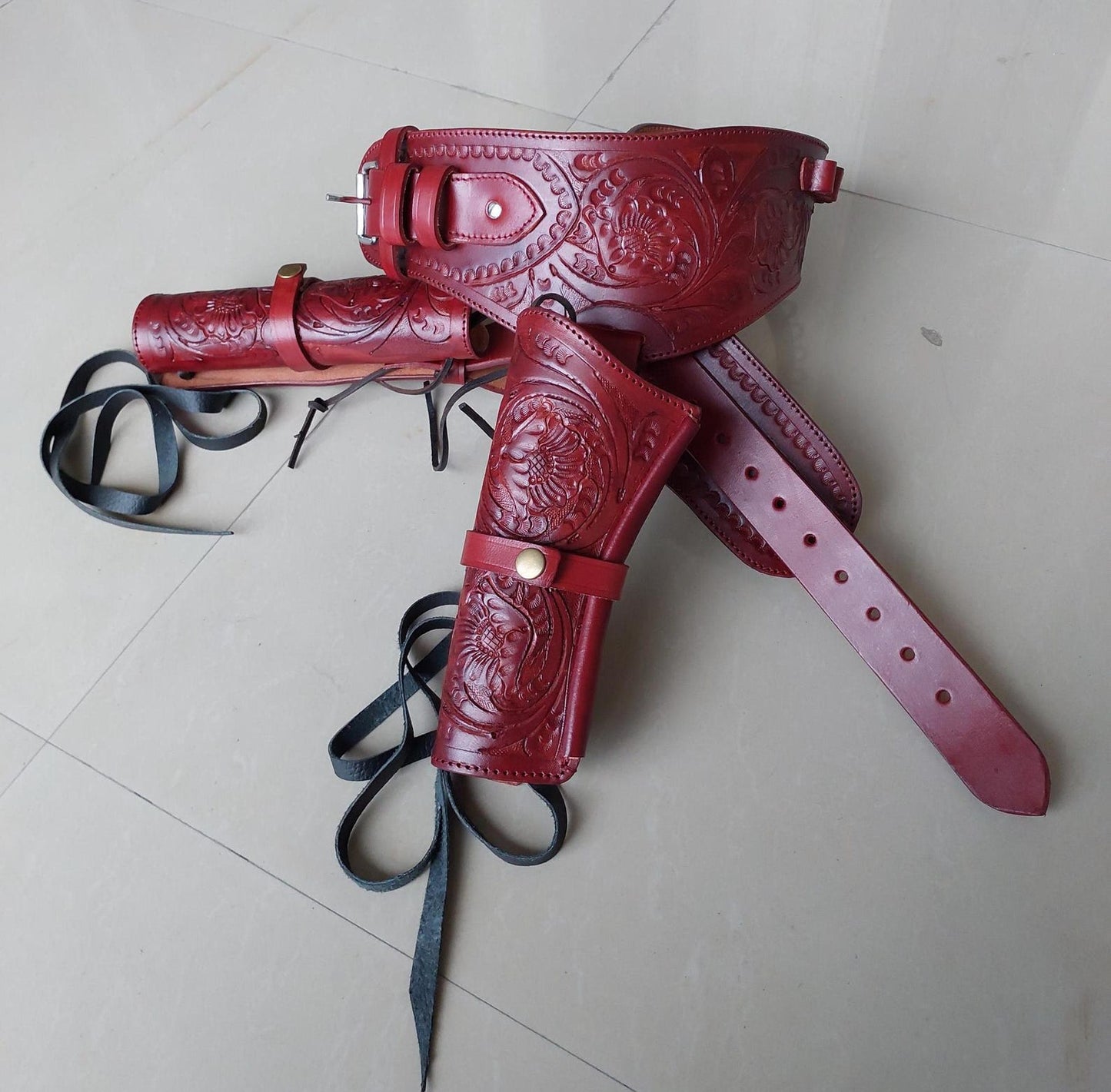 Red Western Cowboy Dual Gun Holster & Belt – Handmade Leather – Fits 3.5" to 8.9" Barrel – .22 .38/357 .44/45 Cal