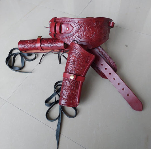 Red Western Cowboy Dual Gun Holster & Belt – Handmade Leather – Fits 3.5" to 8.9" Barrel – .22 .38/357 .44/45 Cal