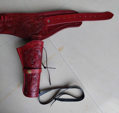 Red Western Cowboy Dual Gun Holster & Belt – Handmade Leather – Fits 3.5" to 8.9" Barrel – .22 .38/357 .44/45 Cal