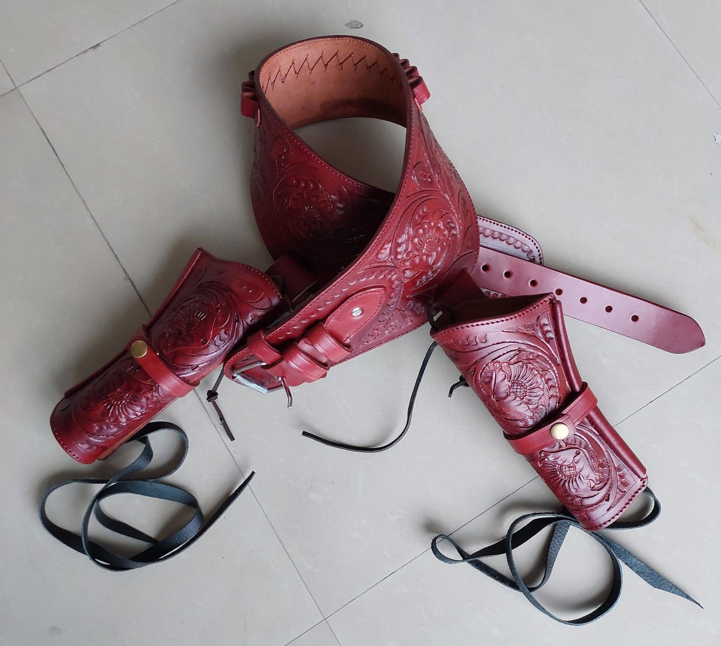 Red Western Cowboy Dual Gun Holster & Belt – Handmade Leather – Fits 3.5" to 8.9" Barrel – .22 .38/357 .44/45 Cal