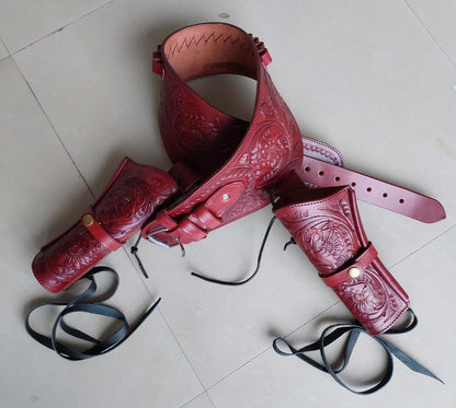 Red Western Cowboy Dual Gun Holster & Belt – Handmade Leather – Fits 3.5" to 8.9" Barrel – .22 .38/357 .44/45 Cal