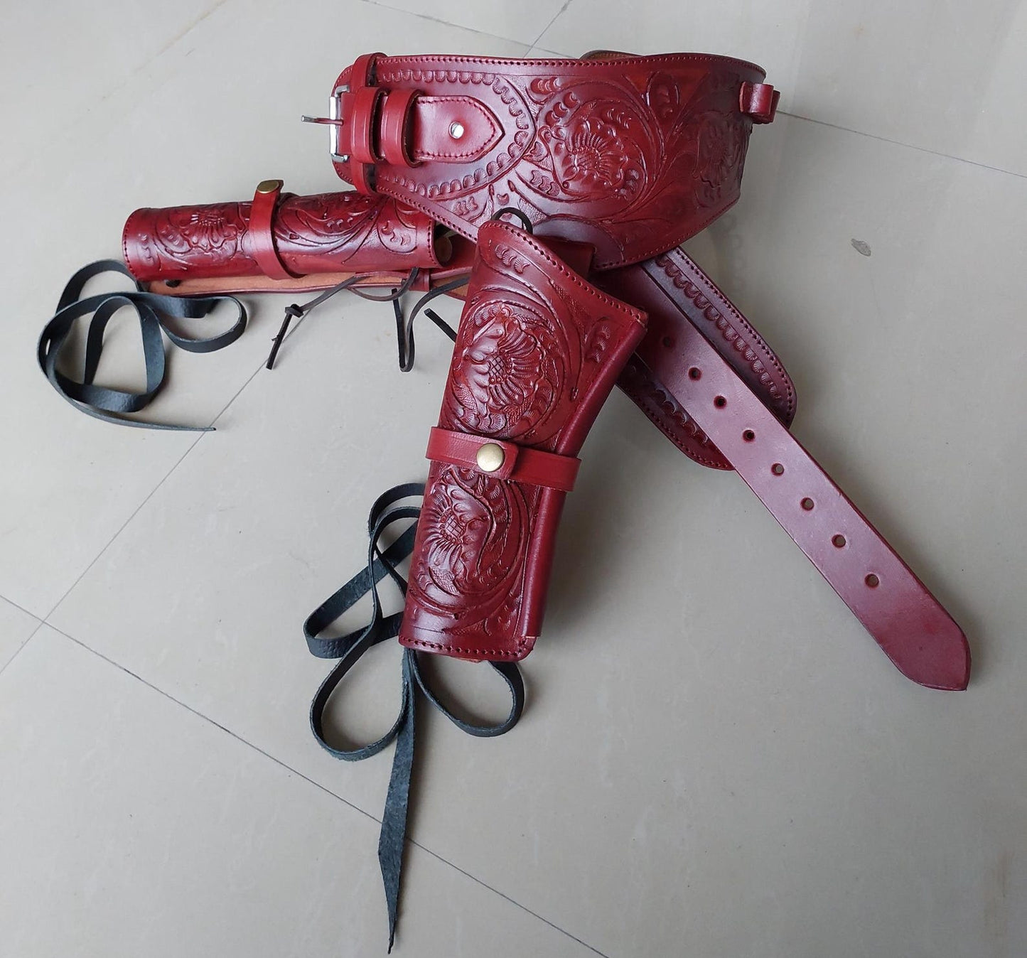 Red Western Cowboy Dual Gun Holster & Belt – Handmade Leather – Fits 3.5" to 8.9" Barrel – .22 .38/357 .44/45 Cal