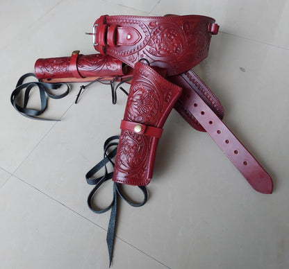 Red Western Cowboy Dual Gun Holster & Belt – Handmade Leather – Fits 3.5" to 8.9" Barrel – .22 .38/357 .44/45 Cal