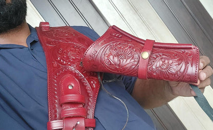 Red Western Cowboy Dual Gun Holster & Belt – Handmade Leather – Fits 3.5" to 8.9" Barrel – .22 .38/357 .44/45 Cal