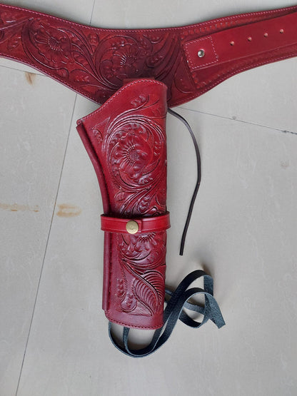 Maroon Western Revolver Holster & Belt – Handmade Leather – Fits 3.5" to 8.9" Barrel – .22 .38/357 .44/.45 Cal