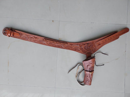 Light Brown Western Revolver Holster  Belt – Handmade Tooled Leather – Fits 3.5" to 8.9" Barrel – .22 .38/357 .44/45 Cal