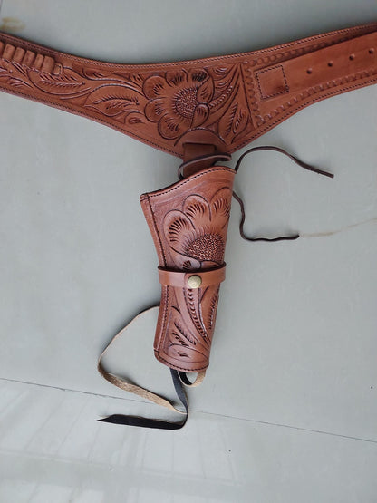 Light Brown Western Revolver Holster  Belt – Handmade Tooled Leather – Fits 3.5" to 8.9" Barrel – .22 .38/357 .44/45 Cal