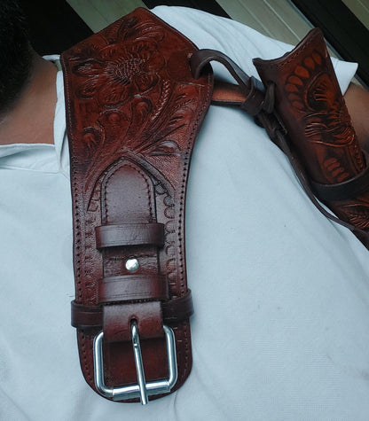 Western Gun Holster Belt – Dual Color Handmade Leather – Fits 3.5" to 8.9" Revolver – .22 .38/357, .44/45 Cal – Cowboy Style