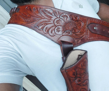 Western Gun Holster Belt – Dual Color Handmade Leather – Fits 3.5" to 8.9" Revolver – .22 .38/357, .44/45 Cal – Cowboy Style