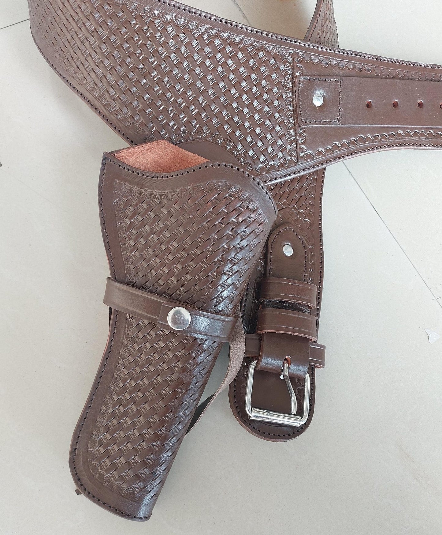 Handmade Western Leather Revolver Holster with Belt – Brown – Fits 3-5" to 8-9" Barrel – .22, .38/357, .44/45 Cal – Cowboy Style