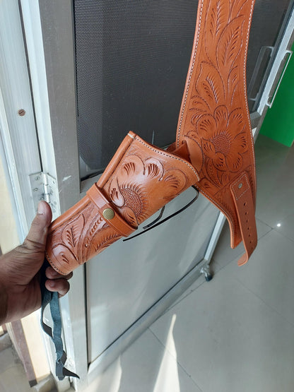Handmade Western Leather Revolver Holster with Belt – Fits 3.5" to 8.5" Barrel – .22, .38/357, .44/45 Cal – Classic Cowboy Style Tooled Rig