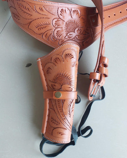 Handmade Western Leather Revolver Holster with Belt – Fits 3-5" to 8-9" Barrel – .22, .38/357, .44/45 Cal – Cowboy Style Tooled Rig
