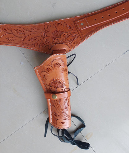 Handmade Western Leather Revolver Holster with Belt – Fits 3.5" to 8.5" Barrel – .22, .38/357, .44/45 Cal – Classic Cowboy Style Tooled Rig
