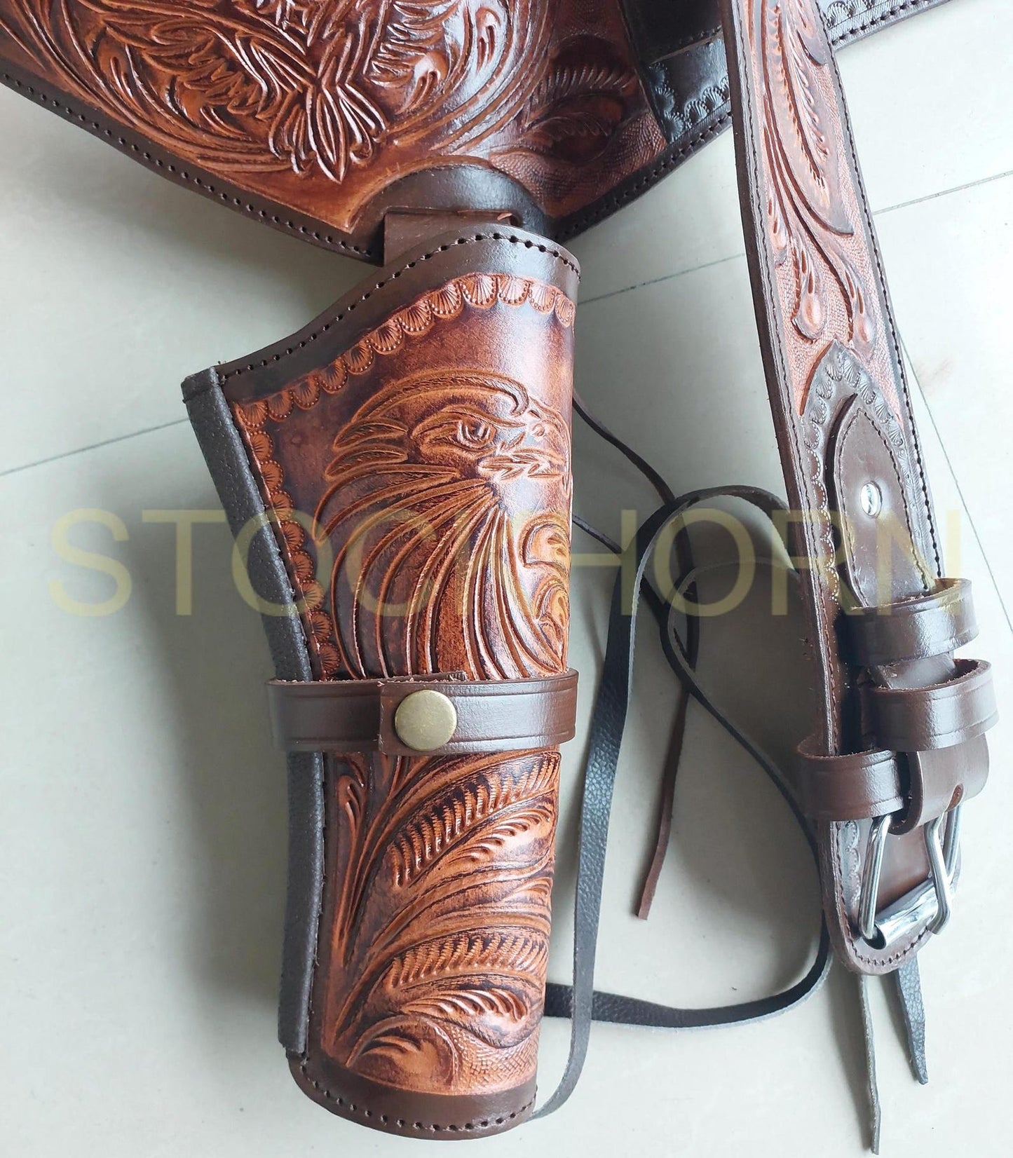 Western Cowboy Revolver Holster Belt – Eagle Design – Handmade Leather – Fits 3.5” to 8.9” Barrel – .22, .38/357, .44/45 Cal – American Pride
