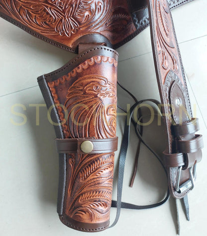 Western Cowboy Revolver Holster Belt – Eagle Design – Handmade Leather – Fits 3.5” to 8.9” Barrel – .22, .38/357, .44/45 Cal – American Pride