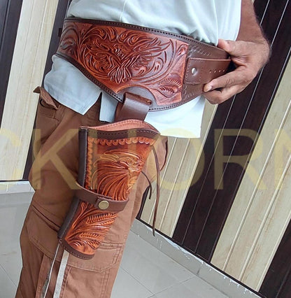 Western Cowboy Revolver Holster Belt – Eagle Design – Handmade Leather – Fits 3.5” to 8.9” Barrel – .22, .38/357, .44/45 Cal – American Pride