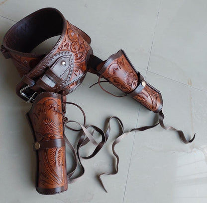 Western Dual Gun Holster Belt – Handmade Tooled Leather – Dual Color Cowboy Style – Fits .22, .38/357, .44/45 Cal Revolvers – 3.5” to 8.9” Barrel