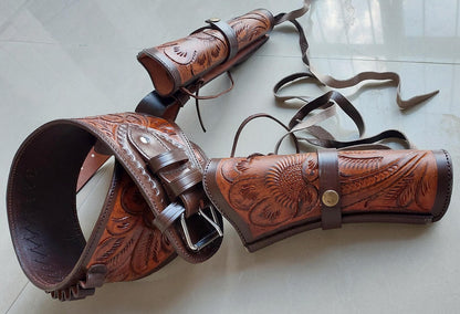 Western Dual Gun Holster Belt – Handmade Tooled Leather – Dual Color Cowboy Style – Fits .22, .38/357, .44/45 Cal Revolvers – 3.5” to 8.9” Barrel