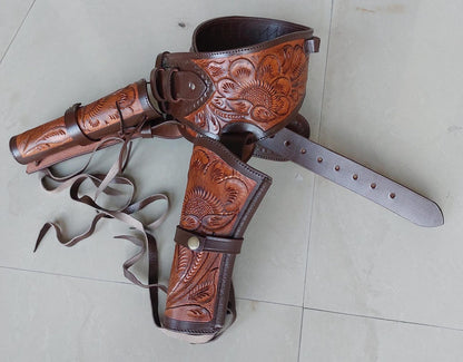 Western Dual Gun Holster Belt – Handmade Tooled Leather – Dual Color Cowboy Style – Fits .22, .38/357, .44/45 Cal Revolvers – 3.5” to 8.9” Barrel