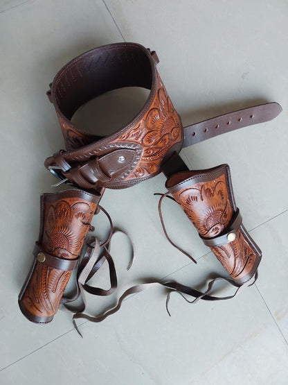 Western Dual Gun Holster Belt – Handmade Tooled Leather – Dual Color Cowboy Style – Fits .22, .38/357, .44/45 Cal Revolvers – 3.5” to 8.9” Barrel