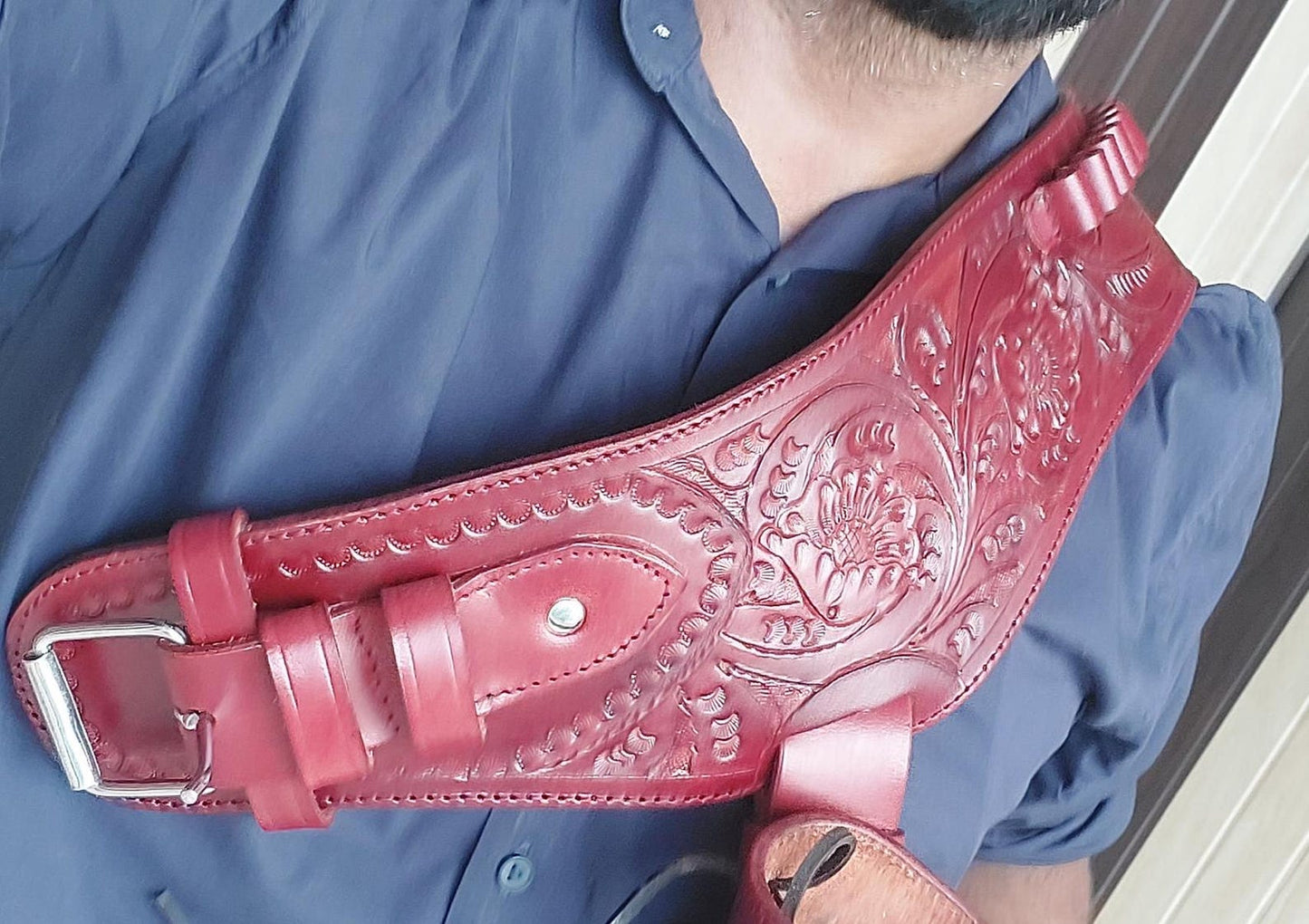 Red Western Cowboy Dual Gun Holster & Belt – Handmade Leather – Fits 3.5" to 8.9" Barrel – .22 .38/357 .44/45 Cal