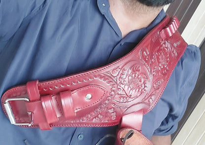Red Western Cowboy Dual Gun Holster & Belt – Handmade Leather – Fits 3.5" to 8.9" Barrel – .22 .38/357 .44/45 Cal