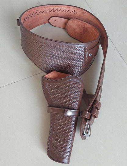 Handmade Western Leather Revolver Holster with Belt – Brown – Fits 3-5" to 8-9" Barrel – .22, .38/357, .44/45 Cal – Cowboy Style
