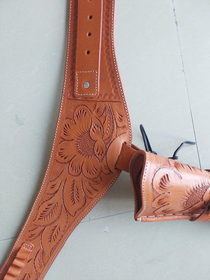 Handmade Western Leather Revolver Holster with Belt – Fits 3-5" to 8-9" Barrel – .22, .38/357, .44/45 Cal – Cowboy Style Tooled Rig