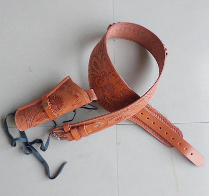 Handmade Western Leather Revolver Holster with Belt – Fits 3-5" to 8-9" Barrel – .22, .38/357, .44/45 Cal – Cowboy Style Tooled Rig