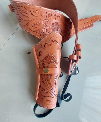 Handmade Western Leather Revolver Holster with Belt – Fits 3-5" to 8-9" Barrel – .22, .38/357, .44/45 Cal – Cowboy Style Tooled Rig