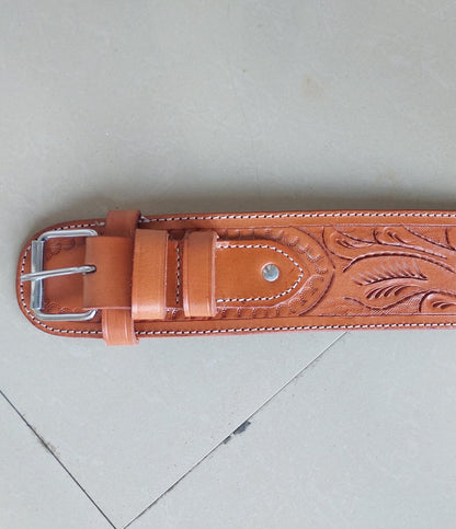 Handmade Western Leather Revolver Holster with Belt – Fits 3.5" to 8.5" Barrel – .22, .38/357, .44/45 Cal – Classic Cowboy Style Tooled Rig