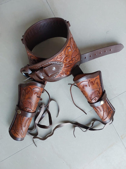 Western Dual Gun Holster Belt – Handmade Tooled Leather – Dual Color Cowboy Style – Fits .22, .38/357, .44/45 Cal Revolvers – 3.5” to 8.9” Barrel