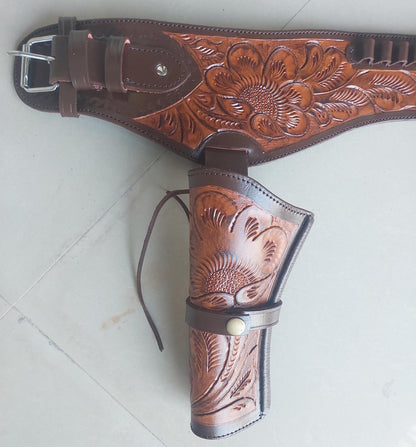 Western Dual Gun Holster Belt – Handmade Tooled Leather – Dual Color Cowboy Style – Fits .22, .38/357, .44/45 Cal Revolvers – 3.5” to 8.9” Barrel
