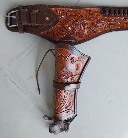 Western Dual Gun Holster Belt – Handmade Tooled Leather – Dual Color Cowboy Style – Fits .22, .38/357, .44/45 Cal Revolvers – 3.5” to 8.9” Barrel