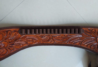 Western Dual Gun Holster Belt – Handmade Tooled Leather – Dual Color Cowboy Style – Fits .22, .38/357, .44/45 Cal Revolvers – 3.5” to 8.9” Barrel