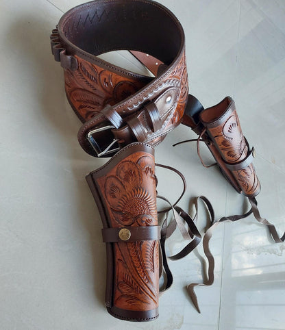 Western Dual Gun Holster Belt – Handmade Tooled Leather – Dual Color Cowboy Style – Fits .22, .38/357, .44/45 Cal Revolvers – 3.5” to 8.9” Barrel