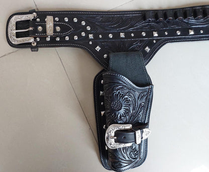 Cowgirl Western Gun Holster Belt – Dual Holsters – Tooled Black Leather – Fits 3.5" to 8.9" Revolvers – .22, .38/357, .44/45 Cal