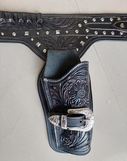 Cowgirl Western Gun Holster Belt – Dual Holsters – Tooled Black Leather – Fits 3.5" to 8.9" Revolvers – .22, .38/357, .44/45 Cal