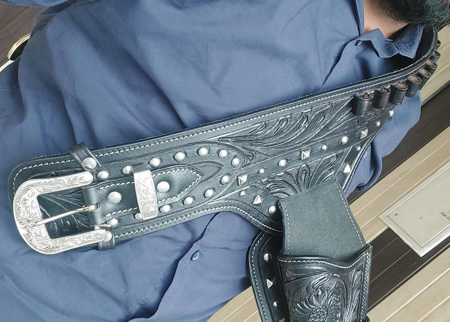 Cowgirl Western Gun Holster Belt – Dual Holsters – Tooled Black Leather – Fits 3.5" to 8.9" Revolvers – .22, .38/357, .44/45 Cal