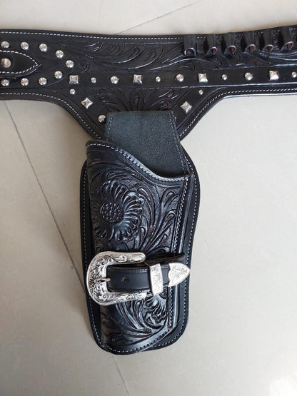 Cowgirl Western Gun Holster Belt – Dual Holsters – Tooled Black Leather – Fits 3.5" to 8.9" Revolvers – .22, .38/357, .44/45 Cal