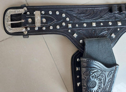 Cowgirl Western Gun Holster Belt – Dual Holsters – Tooled Black Leather – Fits 3.5" to 8.9" Revolvers – .22, .38/357, .44/45 Cal