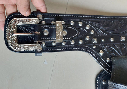 Cowgirl Western Gun Holster Belt – Dual Holsters – Tooled Black Leather – Fits 3.5" to 8.9" Revolvers – .22, .38/357, .44/45 Cal