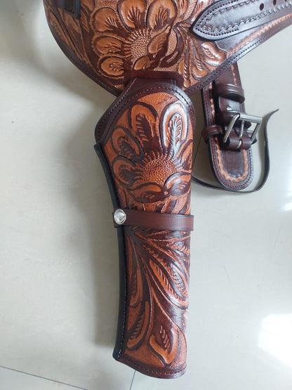 Western Gun Holster Belt – Handmade Dual Color Full Grain Leather – Fits 3.5" to 8.9" Revolvers – .22 .38/357 .44/45 Cal